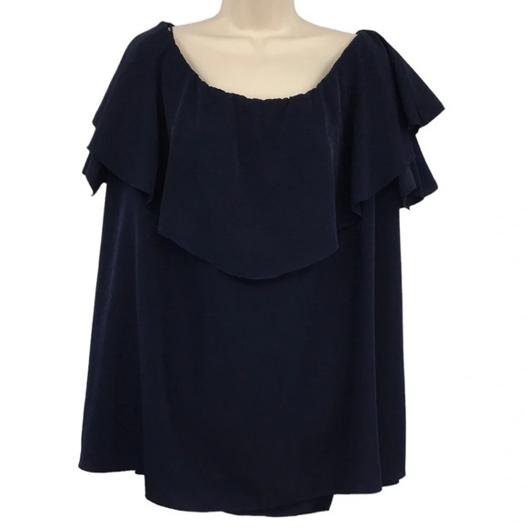 MLM Blouse Womens Small Navy Off The Shoulder Short‎ Sleeve Top Silky Ruffle - Picture 1 of 13